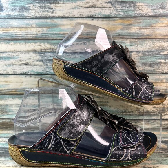 Spring Step L'Artiste Slide Sandals Womens 6.5-7 Black Embossed Leather Floral - Picture 1 of 10